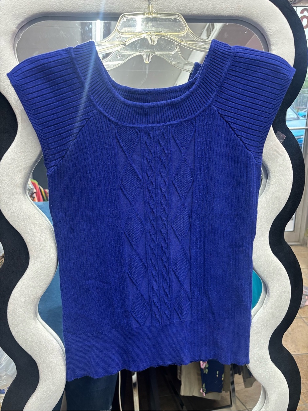 QUESTIONS,Blue Cable-Knit Cap Sleeve Sweater Top